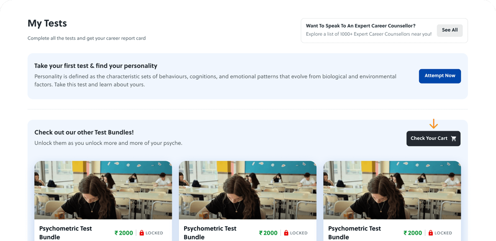 Screenshot of the psychometric test showing marketplace and verification options.